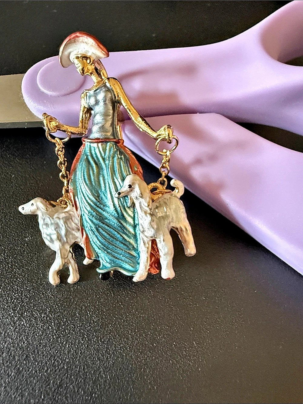 Dog Charm Dress Brooch in Gold & Blue